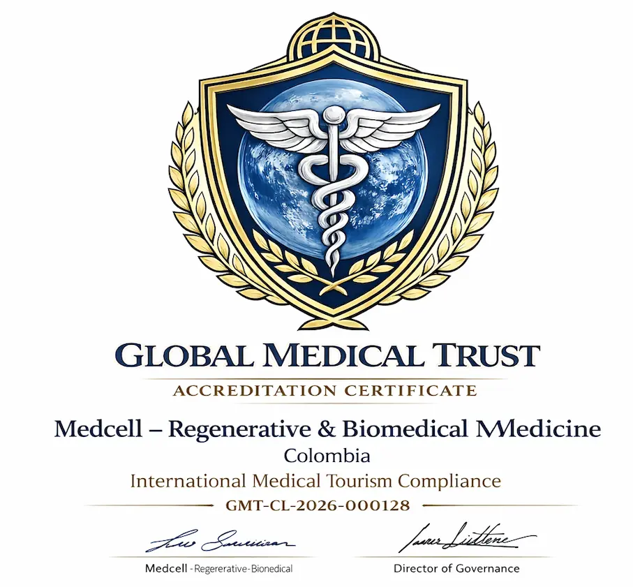 Global Medical Trust certification seal awarded to Medcell – Regenerative & Biomedical Medicine, Colombia – Certification ID GMT-CL-2026-000128